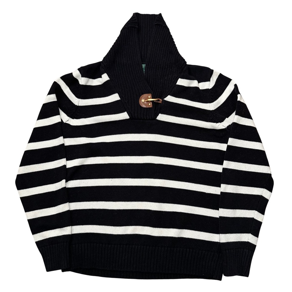 Ralph Lauren Black White Striped Shawl Collar Toggle Sweater Womens XL Knit